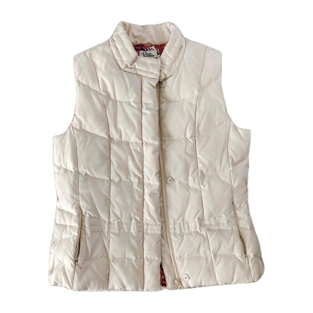 Lilly Pulitzer Puffer Vest Sz M Cream‎ Color Down Filled Zip Pockets flaw